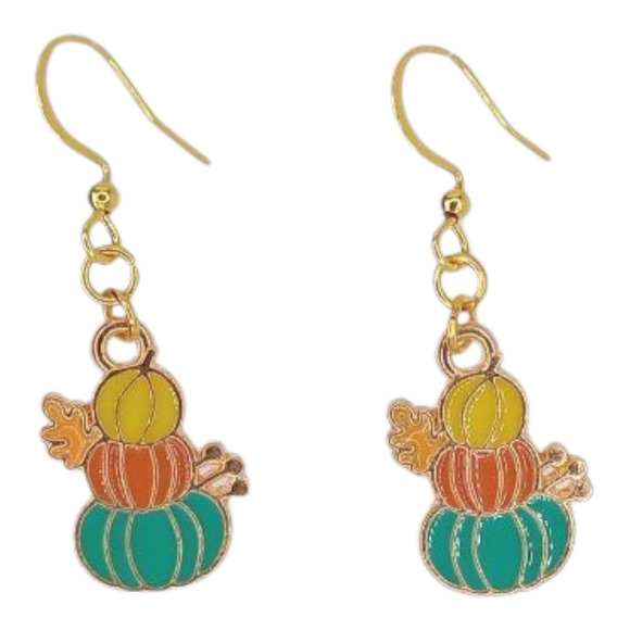 Stacked Pumpkin Earrings | Fall Autumn Thanksgiving Cozy Dangle Jewelry - Picture 1 of 4